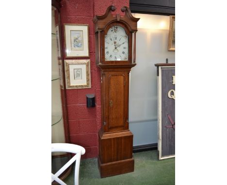 An oak and mahogany 30 hour longcase clock by Smith, Tipton, swan neck pediment, arched painted dial, Roman and Arabic numera