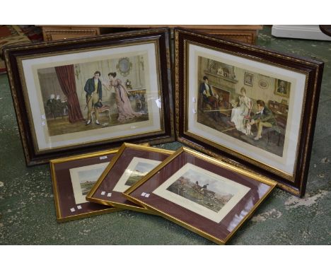 Prints - a set of three hunting scene prints, framed; a pair of salon scene prints, framed; a pair of modern prints, framed (
