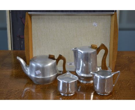 A Picquot ware four piece tea service on associated tray.