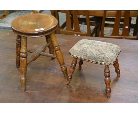 An oak stool, turned legs; another (2)