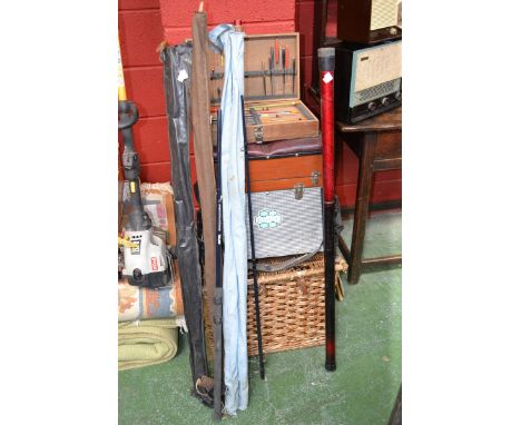 Fishing - fishing rods; reels; wicker basket; stool; floats; etc.