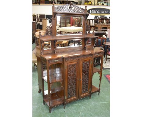 A Victorian burr walnut salon display cabinet, architectural fretworked pediment, four mirrors, shelf and turned finials to t