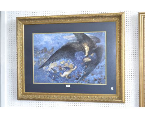 E R Hughes, after, Night Angel & Cherubs with train of stars, colour print, ornate gilt frame