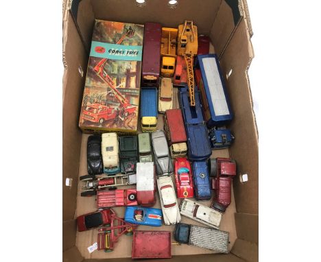 A box of 1960s playworn Dinky &amp; Corgi together with a boxed Simon Snorkell fire engine