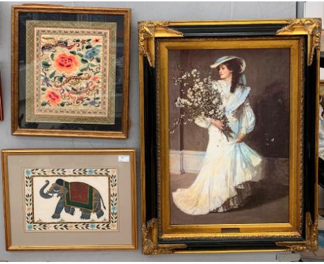 Two Oriental silkworks with floral &amp; elephant designs; together with an oleograph depicting a fashionable lady, largest 6