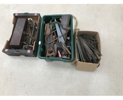 A quantity of boxes of tools, files, spanners, box spanners, saws etc