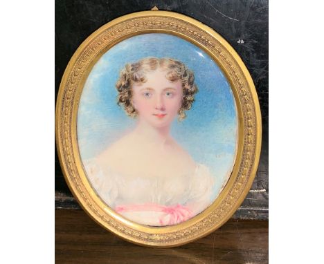 English School (19th century):A portrait miniature on ivory depicting a lady in a white dress, signed initials AR in ligature