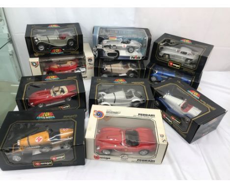 Boxed Buragon cars to inc Merc SL 300 1954, Mercedes Benz SSKL 1931, Bugatti type 59 1931, Jaguar E Cabriolet 1961, Jaguar SS