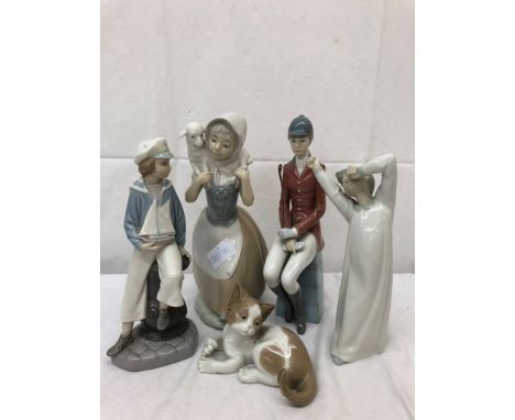 Three Lladro figures to inc a huntswoman; together with two Nao figures