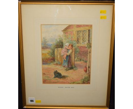 After Myles Birket Foster - "At the garden gate" - two girls and a kitten, with monogram, watercolour, 23 x 18.5cms; 9 x 7 1/
