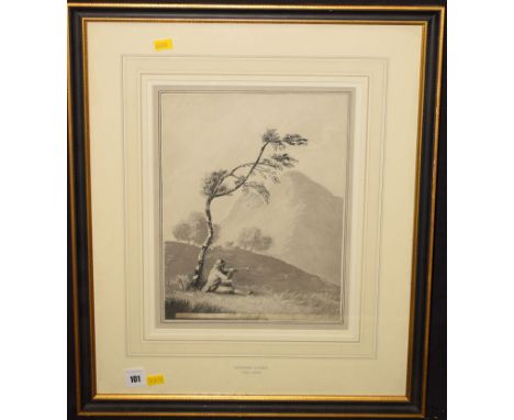 Attributed to Edward Dayes - a shepherd playing a flute in a tree, watercolour grisaille, 31.5 x 26cms; 12 1/2 x 10 1/4in.