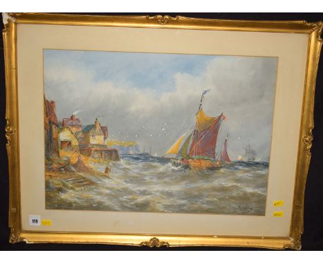 R*** T*** Wilding - sailing barges off the South Coast, signed, watercolour heightened with body colour, 36.5 x 50.5, 14 1/4 