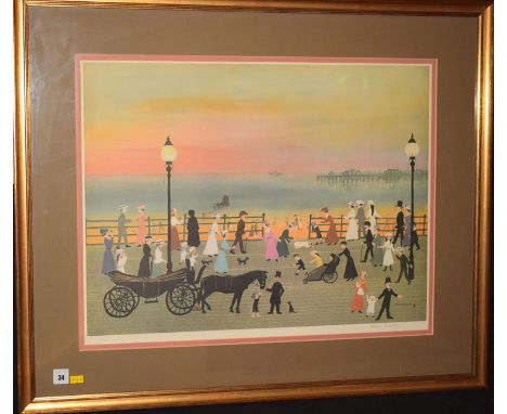 After Helen Bradley - "Evening on the Promenade", signed in pencil, limited edition colour photolithograph, number 468 from 8