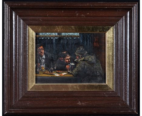 J*** H*** - three men playing cribbage in a bar room, signed with monogram and dated 1987; with inscription and small sketch 