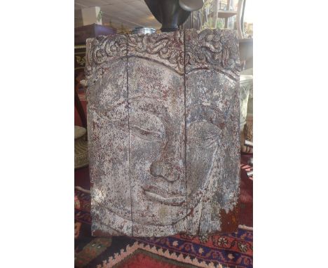 An 18th Century style Chinese polychrome painted and carved portrait, of planked elm construction, H.77cm W.58cm 
