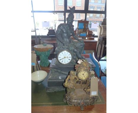 A 19th century style cast plaster mantel clock, Quartz movement, with Greek soldier finial, white dial with Roman numerals, r