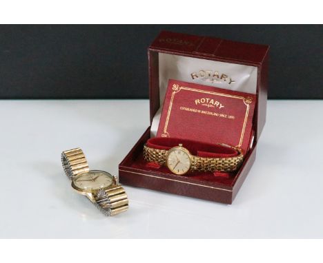 Rotary ladies wrist watch having a round face with baton markers to the chapter ring on a bracelet strap, complete with box. 