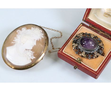 19th Century Victorian 9ct gold and shell cameo brooch featuring Bacchante with hinge pin to verso (marked 9ct), a silver and
