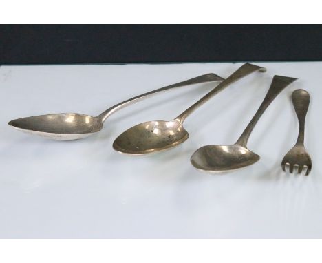 Group of silver spoons, hallmarked London, 1803, 1806 and Stephen Adams, 1785 (other marks obscured) and desert fork, hallmar