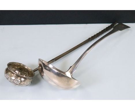 19th century white metal silver punch toddy ladle with whalebone twist handle, (tests indicate silver) together with a large 