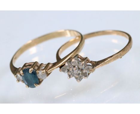 Two 9ct gold rings to include a CZ cluster ring (hallmarked Birmingham 1986, size Q), together with a sapphire and white ston