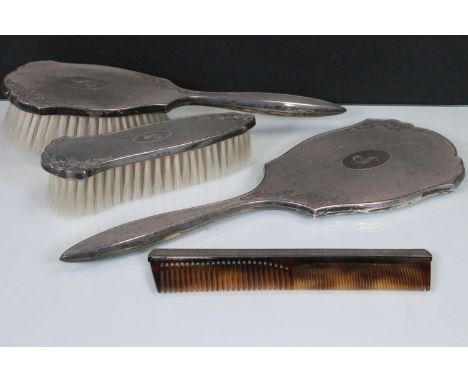 Silver vanity dressing table brush set engraved with initial 'S' comprising of hair brush, comb, mirror and clothes brush, ha