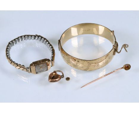 Group of jewellery to include a rolled gold bangle, rose metal and citrine stick pin, 9ct gold heart padlock (marked 9ct to v