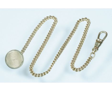 15ct gold pocket watch chain with engine turned button on a curb link chain with dog lead clasp. Button marked 585, marked 58