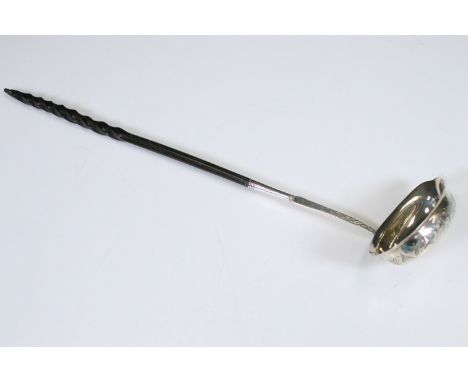 George III engraved silver foliage pattern lipped toddy ladle with whale bone twist handle, hallmarked 1808, Josiah Snatt, L 