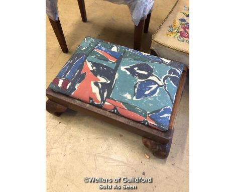 *X2 FOOT STOOLS, ONE WITH TAPESTRY UPHOLSTERY AND A PINAO STOOL - 49CM H X 49CM H X 35CM D