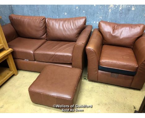 *FAUX LEATHER SOFA WITH MATCHING ARM CHAIR AND FOOT STOOL - SOFA 90CM H X 170CM W X 80CM D