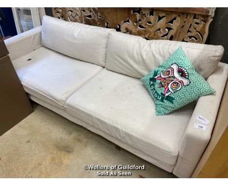 *WHITE 3 SEATER SOFA BED, NEEDS A CLEAN - 85CM H X 223CM L X 92CM D