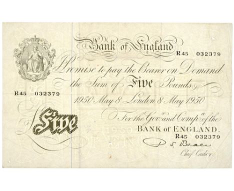 Bank of England, Beale, white £5 R 45 May 8 1950 Creases and pin holes