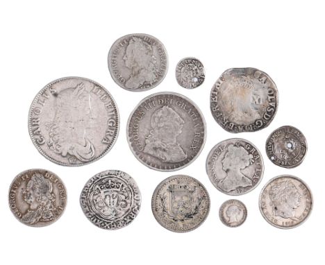 Charles II, Crown 1662 Rose, vg-F; Shillings, Queen Anne, 1708E g-vg; George II, 1745 LIMA VG; 1750 Fine; George III, 1816, r