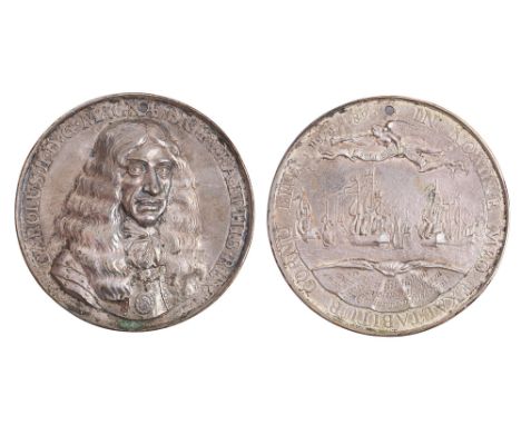 1660, Charles II, Embarkation at Scheveningen, r/ Fame flying over fleet under sail, hollow cast silver 70mm by P. van Abeele