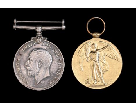 WWI pair, British War Medal and Victory Medal 214380 Pte C Clark Bord R and a copper powder flask 