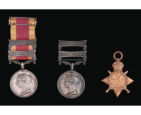 Campaign medals, three, Second China War Medal, two clasps, Taku Forts 1860 and Pekin 1860 with contemporary silver buckle ty