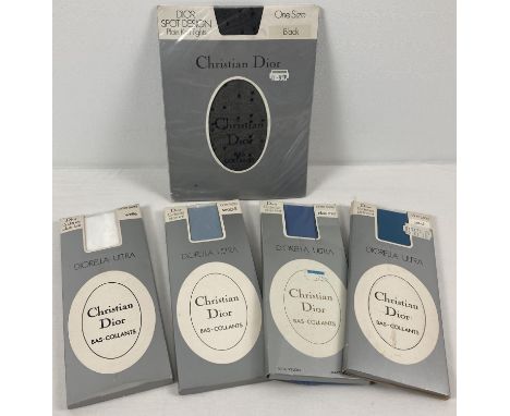5 pairs of coloured 15 denier tights by Christian Dior, all in original packaging. To include black polka dot and varying sha