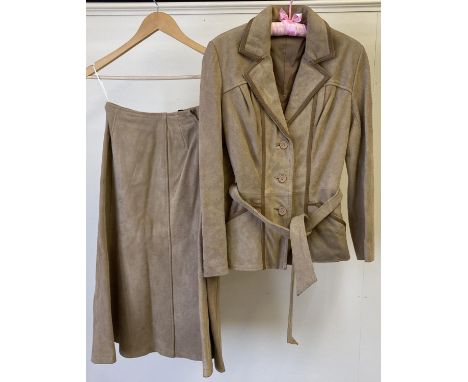 A vintage 1980's light brown womens suede fitted jacket with leather trim, button fastening, front pockets and belt tie, by s