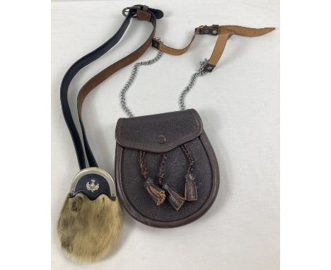 2 vintage sporrans, a brown leather tasselled sporran with chain &amp; leather belt together with a small fur sporran with Sc