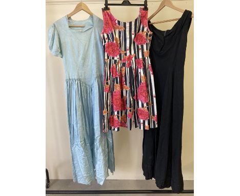 3 vintage 1950's style dresses, 2 full length evening dresses with a floral pattern day dress. 