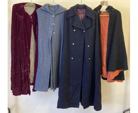 4 vintage theatre costume capes, to include burgundy crushed velvet and wool examples. 