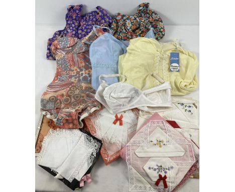 A collection of vintage lingerie, overall/housecoats and boxed handkerchiefs. To include a camisole slip by Enkalon with orig