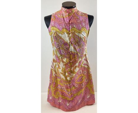 A vintage 1960's bold floral print pure silk sleeveless shift dress by Dollyrockers Designed By Sambo. Pink, yellow and cream