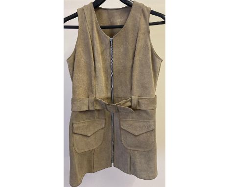 A 1970's womens light brown suede longline waistcoat with front zip fastening, 2 front pockets and belt. Bust approx. 34 inch