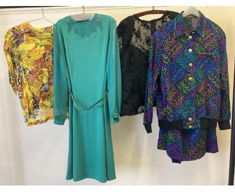 4 items of 1980's clothing. A green occassion dress with sheer sleeve and yoke detail, a multi coloured floral design jacket 