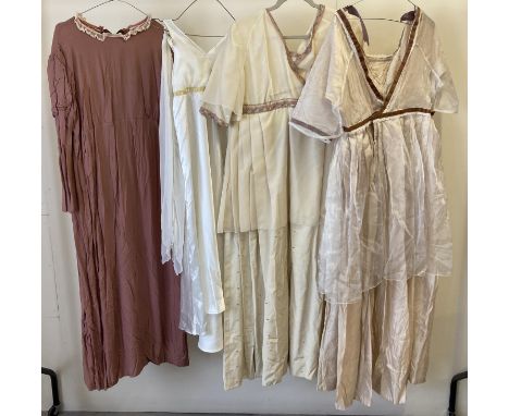 4 vintage theatre costume dresses in neutral tones. 