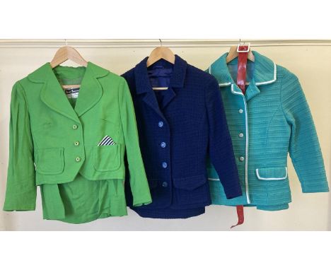 3 vintage 1960's ladies skirt suits. A navy blue boucle style suit by Richard Shops (size 10), a jade green suit with white p