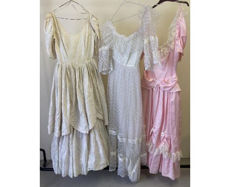 3 vintage 1980's wedding &amp; bridesmaid dresses, pink dress new with original tag, by Donerica of London. Also includes whi