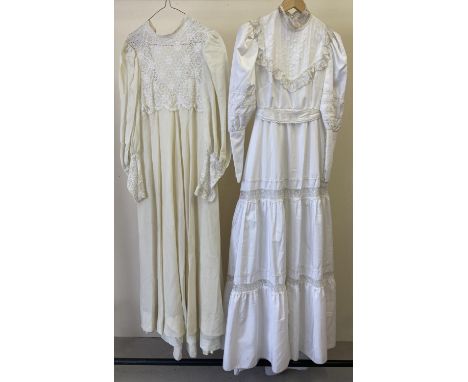 2 long sleeved vintage 1970's wedding dresses. A cream A line dress with crochet lace to front &amp; cuffs, together with a w